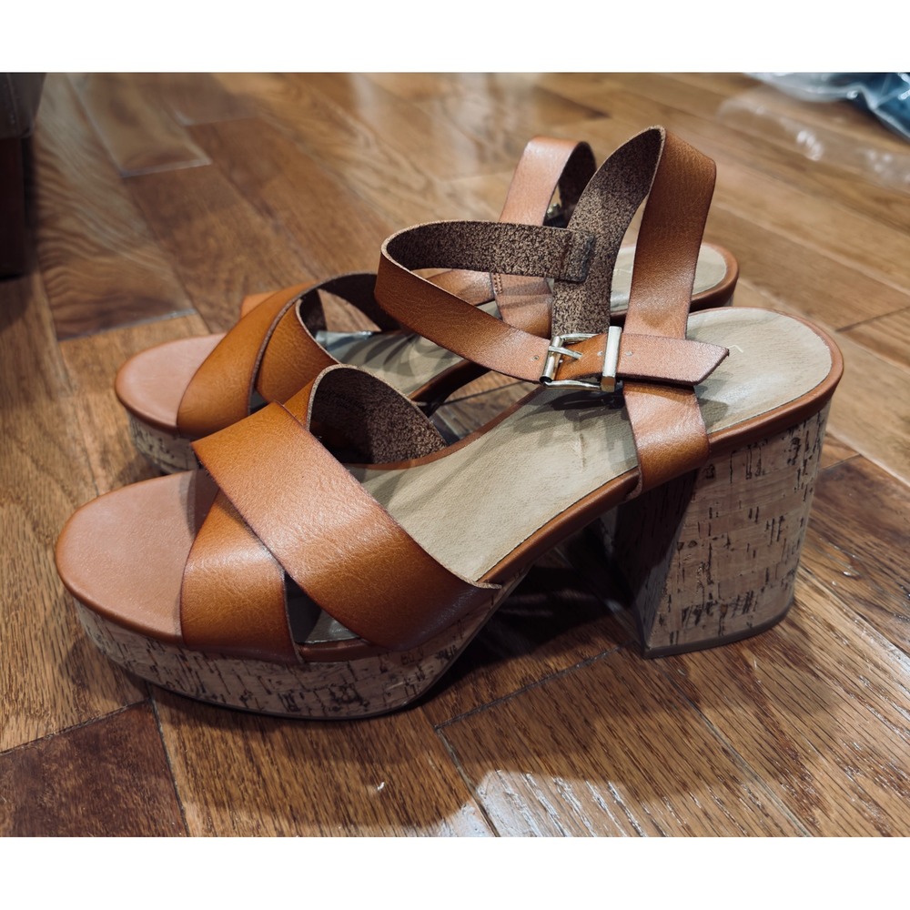 Lane Bryant Tan Faux Leather Cork Platform Block Heel Sandals Size 11 Festial